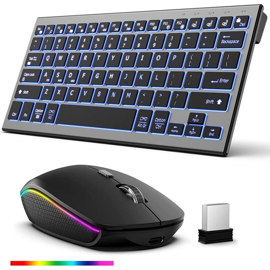 Backlit wireless keyboard and mouse combo for multiple devices. 2.4G dual-mode rechargeable wireless keyboard for PCs, laptops, and Windows desktops.